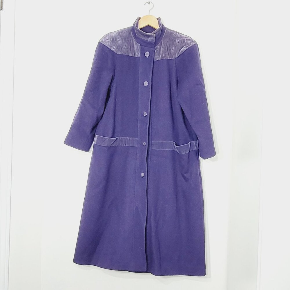 Vintage Pure Virgin Wool Coquette Purple Button Coat Pockets Retro Long Jacket